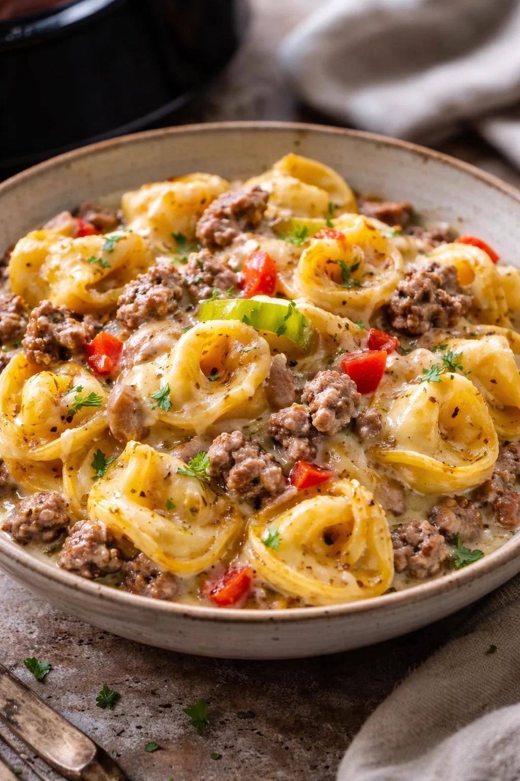 Crock Pot cheesesteak tortellini dish served in a bowl with toppings