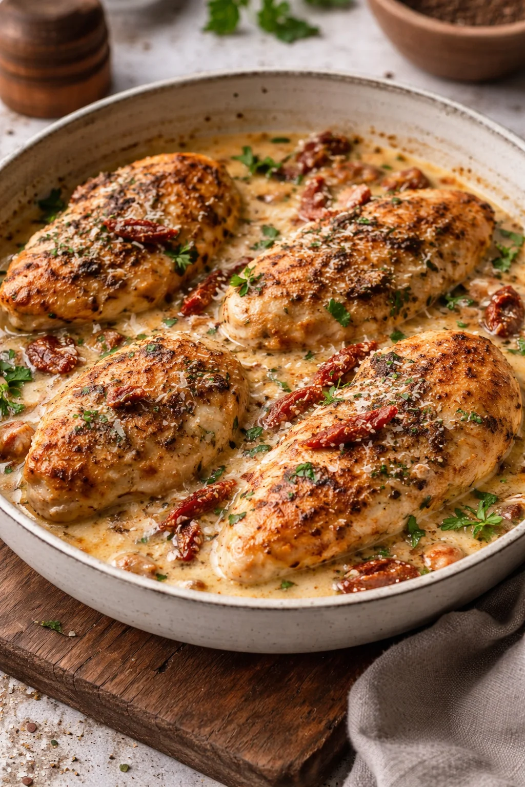 Crock Pot Marry Me Chicken garnished with herbs, served in a bowl