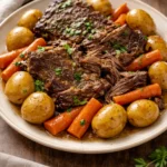 Delicious Crock Pot pot roast with vegetables and herbs ready to serve.