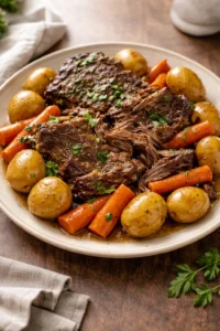 Delicious Crock Pot pot roast with vegetables and herbs ready to serve.