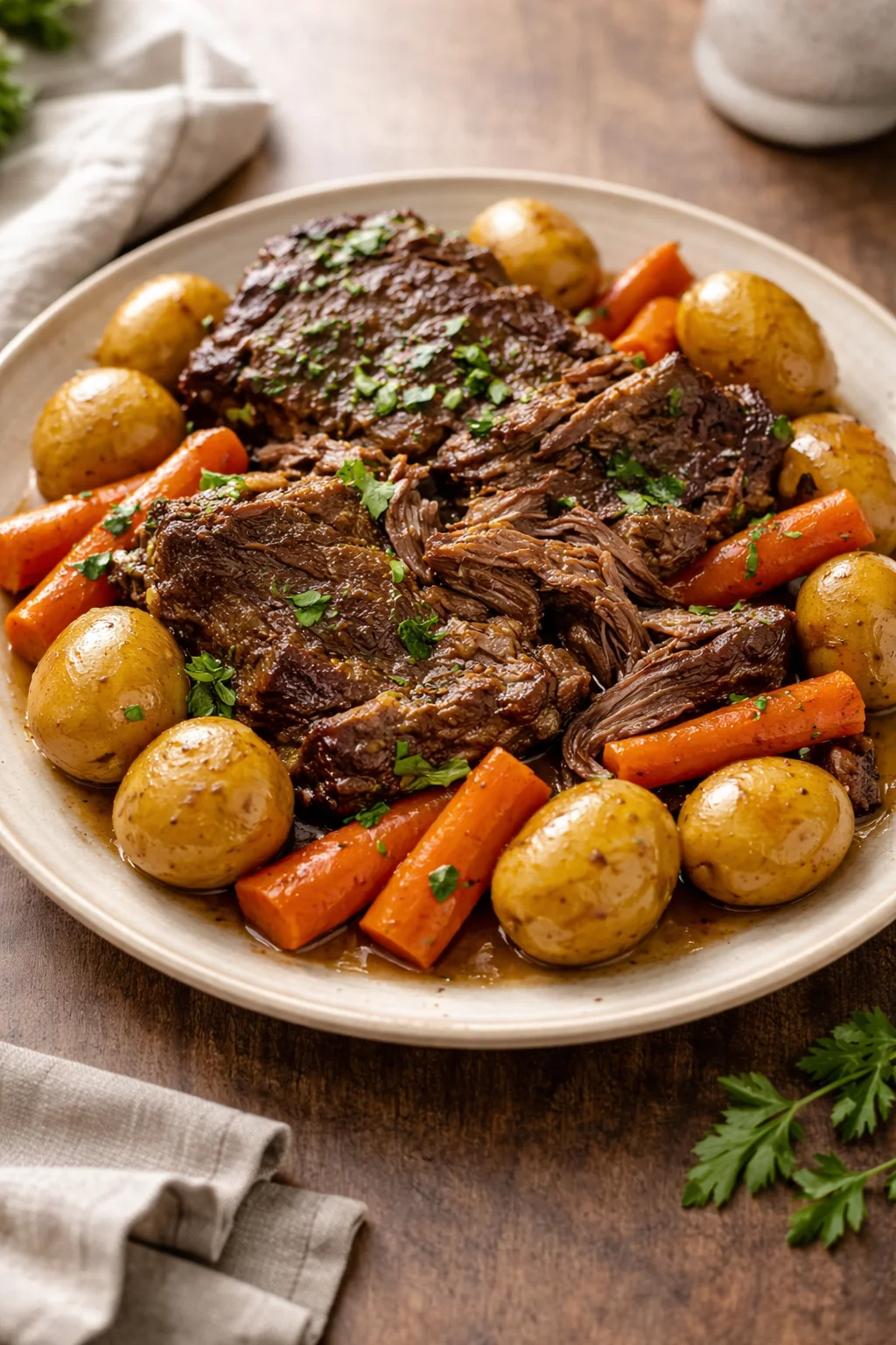 Delicious Crock Pot pot roast with vegetables and herbs ready to serve.
