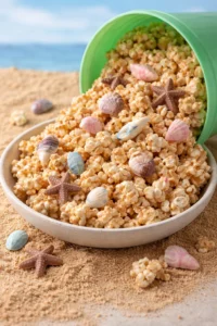 Crunchy white chocolate peanut butter beach party popcorn in a bowl