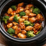 Crockpot Teriyaki Chicken served with rice and vegetables