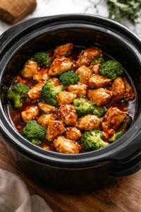 Crockpot Teriyaki Chicken served with rice and vegetables