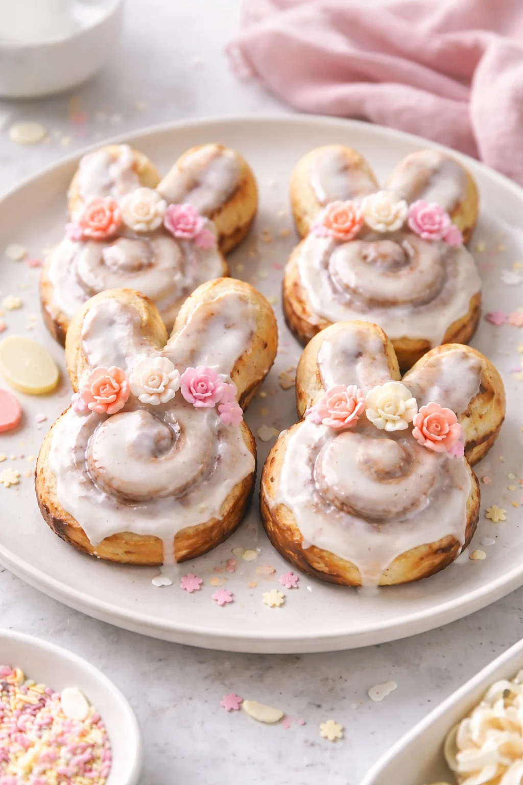 Easter Bunny cinnamon rolls decorated with icing and pastel sprinkles