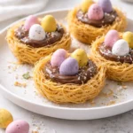 Easter chocolate nest desserts filled with colorful candies and chocolate decorations