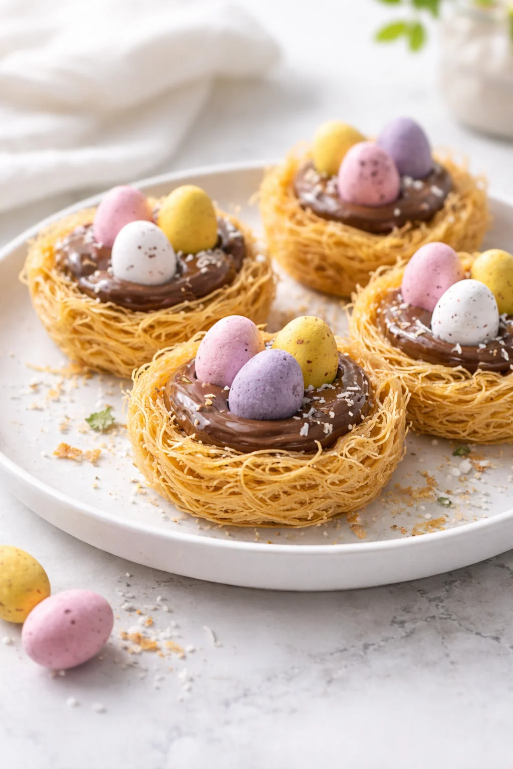 Easter chocolate nest desserts filled with colorful candies and chocolate decorations