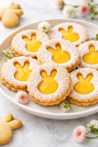 Easter-themed Lemon Linzer cookies decorated with bunny and floral designs.