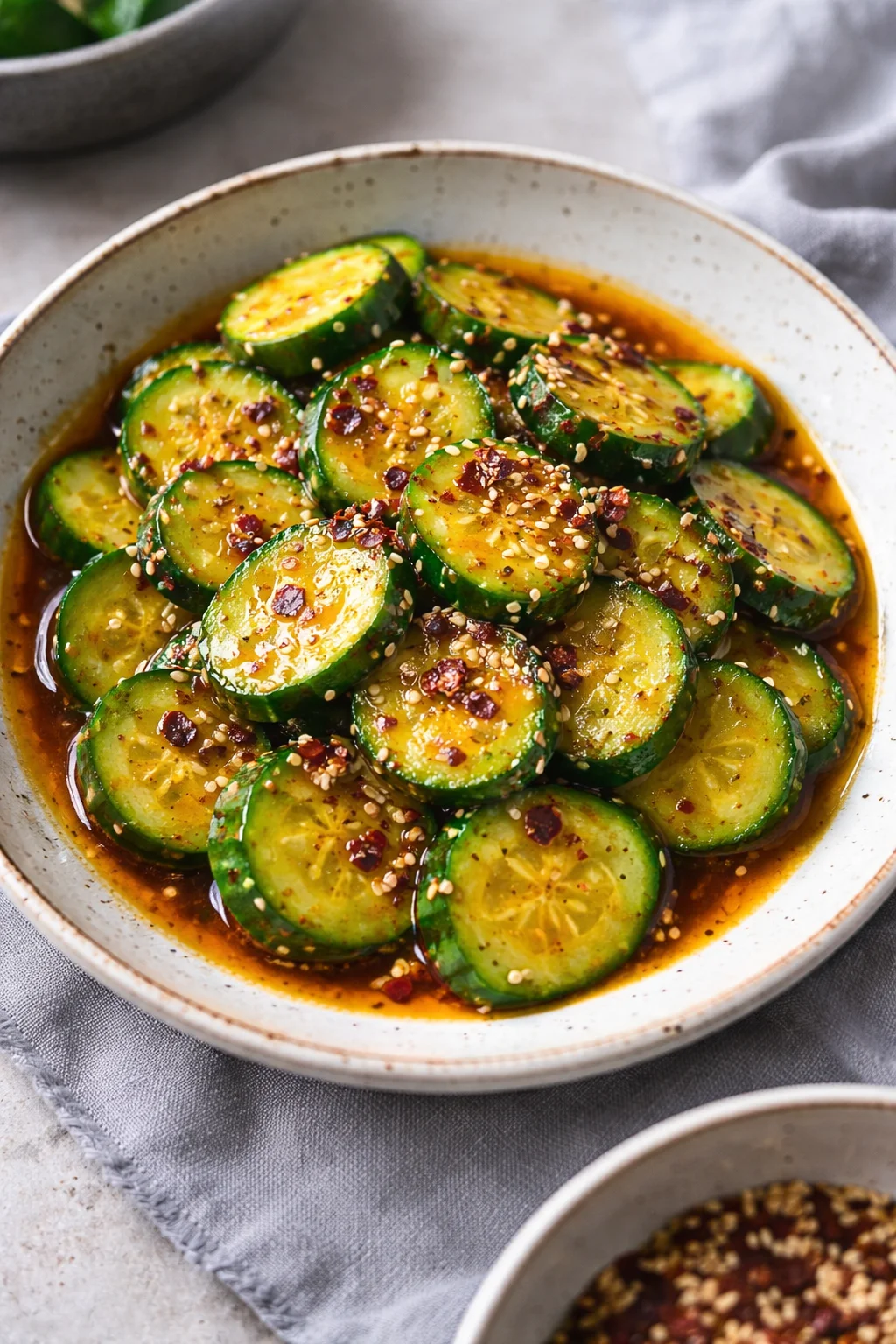 Refreshing easy Asian cucumber salad in a bowl with sesame seeds.