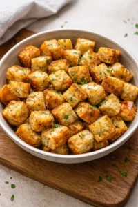 Homemade easy baked croutons on a wooden table