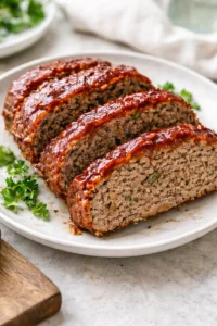 Delicious easy meatloaf with herbs and spices, served with mashed potatoes.