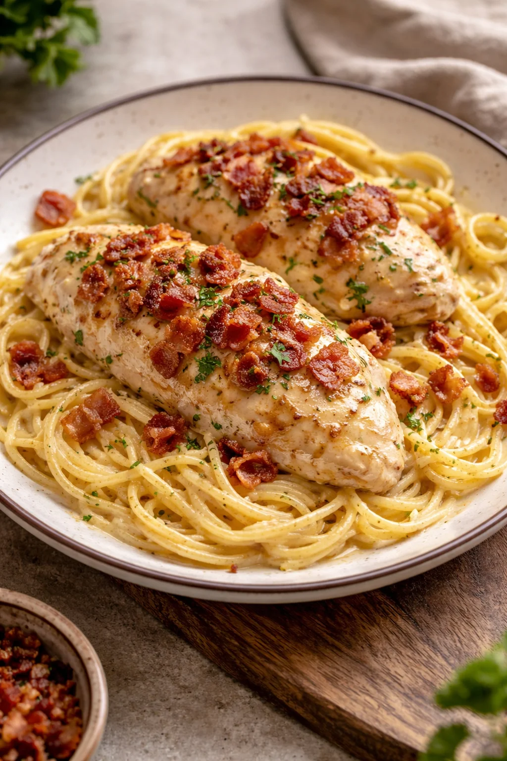 Bowl of easy slow cooker crack chicken garnished with green onions.