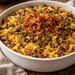 Delicious Family French Onion Hamburger Casserole served in a rustic dish