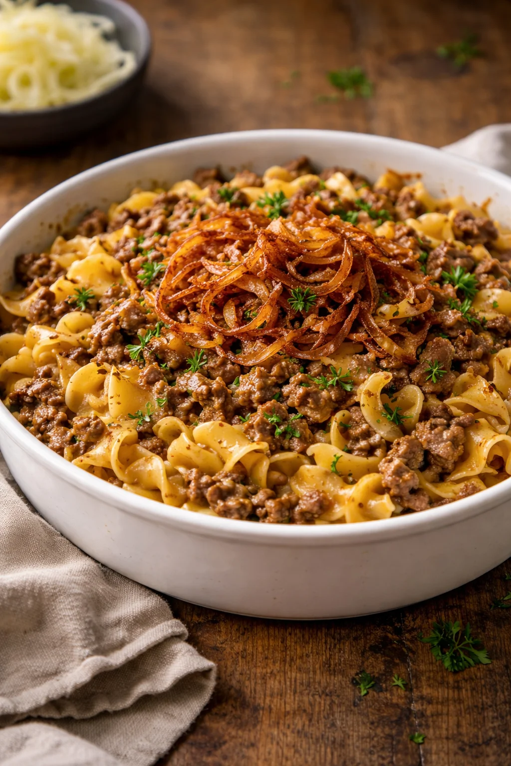 Delicious Family French Onion Hamburger Casserole served in a rustic dish