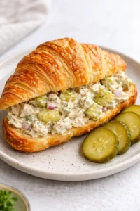 Bowl of flavored dill pickle chicken salad with fresh herbs and vegetables