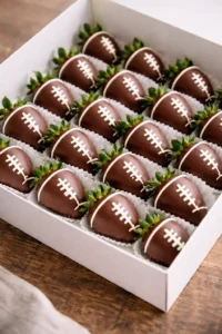 Chocolate-covered strawberries decorated as footballs for game day treats