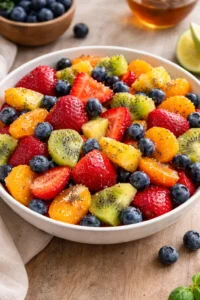 Colorful fresh fruit salad with honey lime poppy seed dressing on a white plate