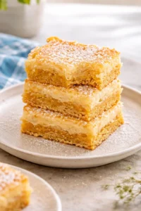 Delicious slice of gooey butter cake on a plate, showcasing its creamy texture.