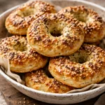 Homemade Greek yogurt bagels topped with sesame seeds and herbs