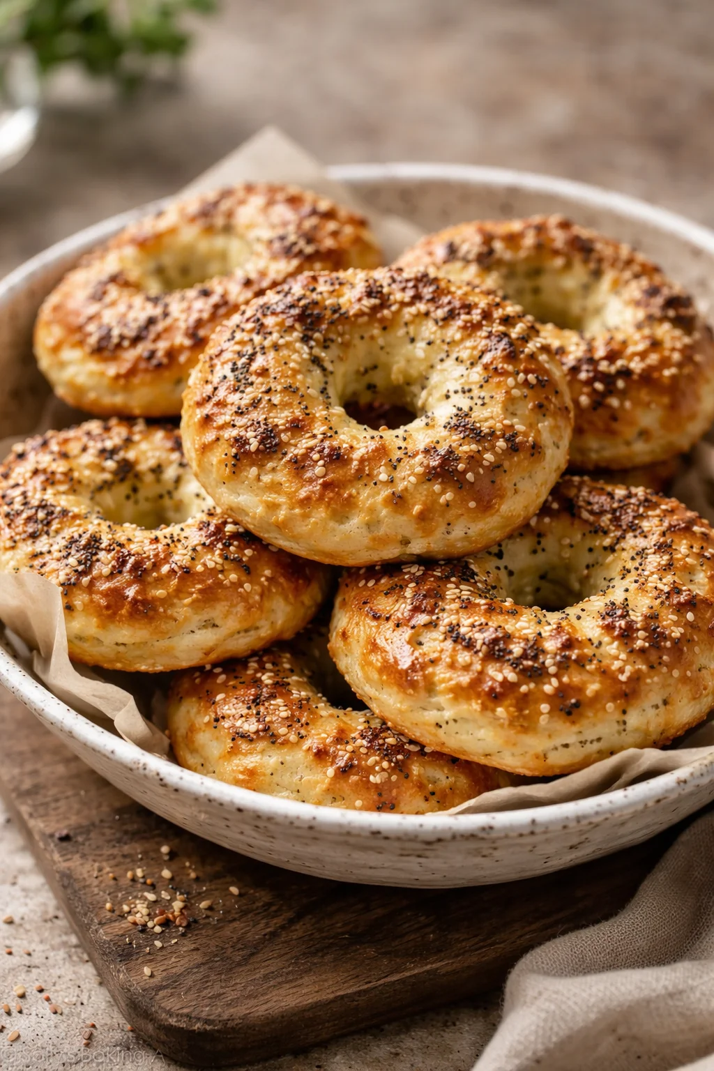 Homemade Greek yogurt bagels topped with sesame seeds and herbs
