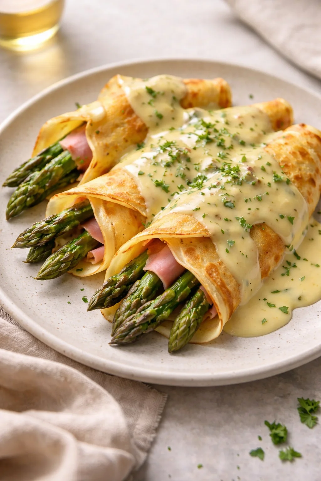 Delicious Ham and Asparagus Crepes served with fresh ingredients