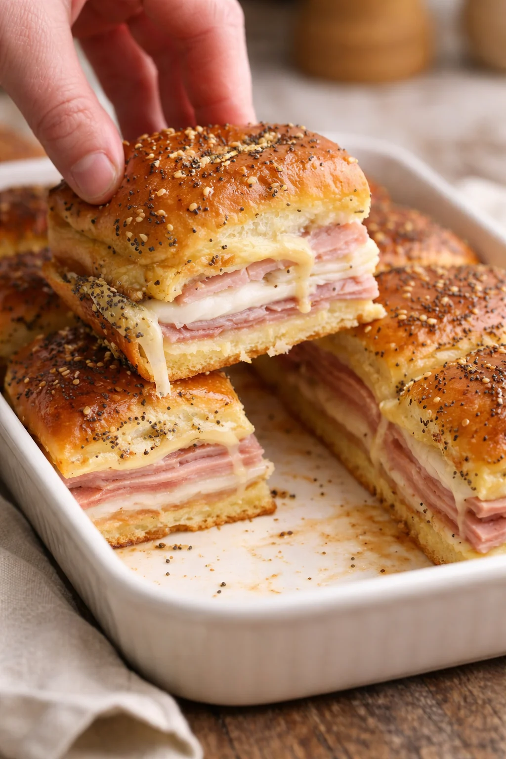 Image of homemade ham and cheese sliders with melted cheese