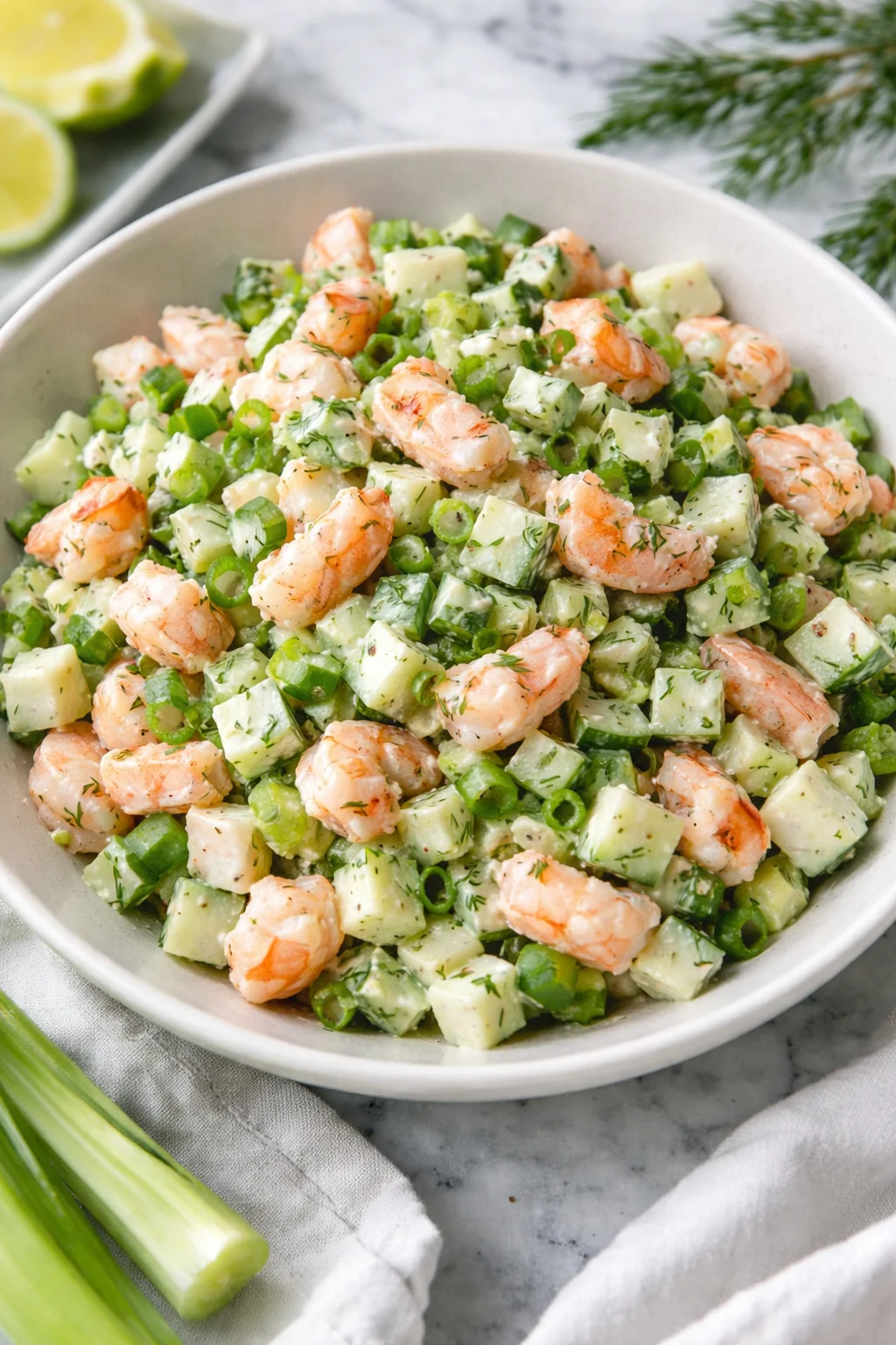 Healthy cucumber shrimp salad with fresh ingredients in a bowl
