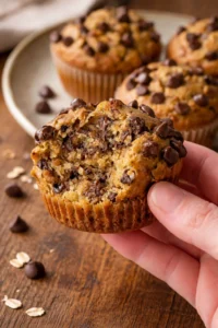 Healthy peanut butter banana muffins on a wooden table