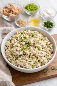 Bowl of healthy tuna salad with fresh vegetables and dressing.