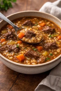 Bowl of hearty stovetop beef and barley soup with vegetables and herbs