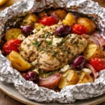 Homemade Greek Chicken Foil Packets with vegetables and herbs