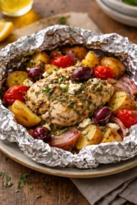 Homemade Greek Chicken Foil Packets with vegetables and herbs