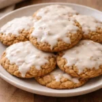 Delicious iced oatmeal cookies topped with creamy icing on a white plate.
