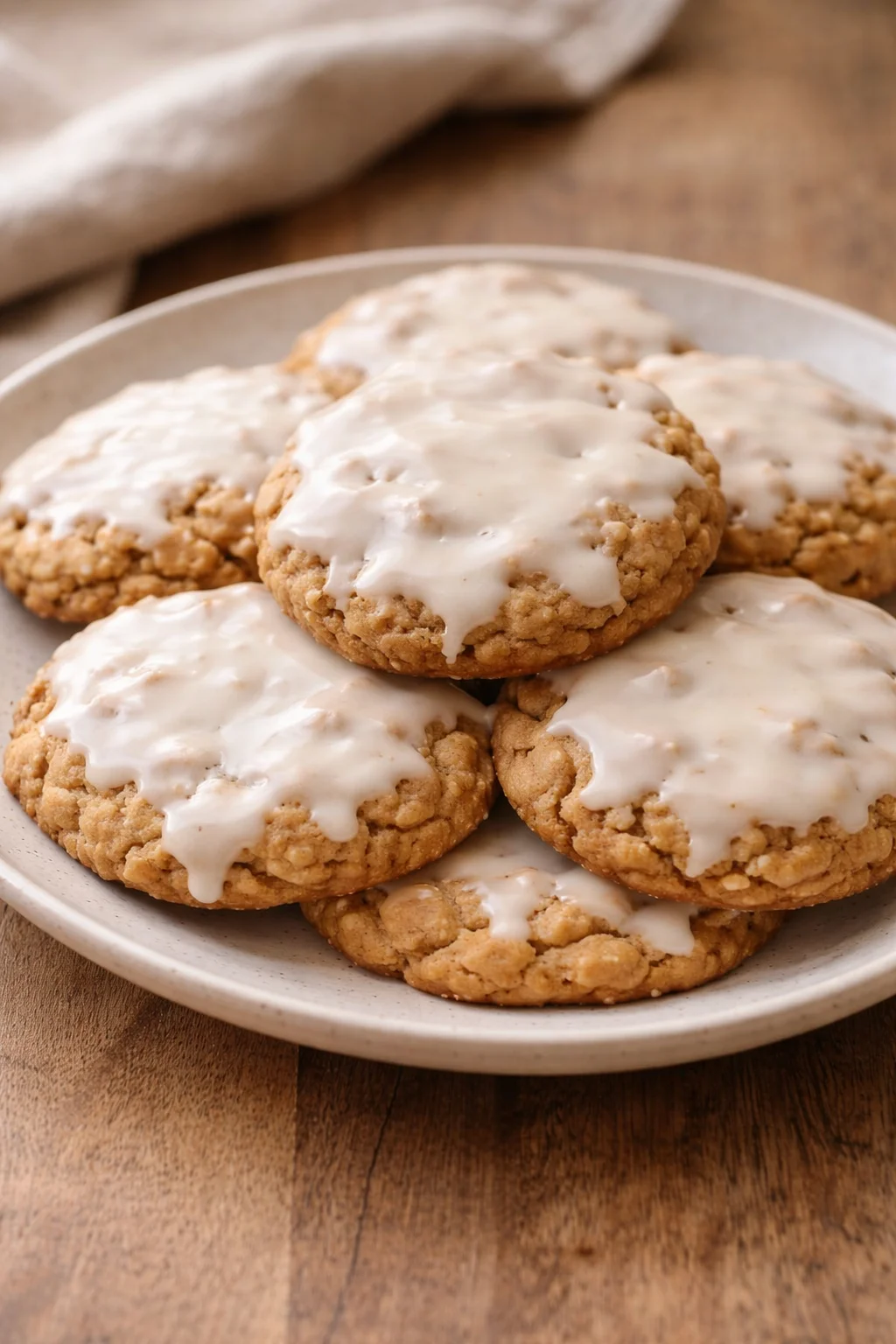 Delicious iced oatmeal cookies topped with creamy icing on a white plate.