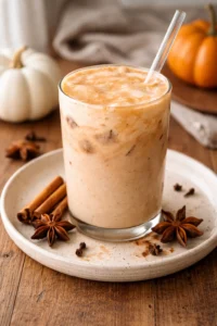 Delicious iced pumpkin cream chai tea latte topped with whipped cream and spices