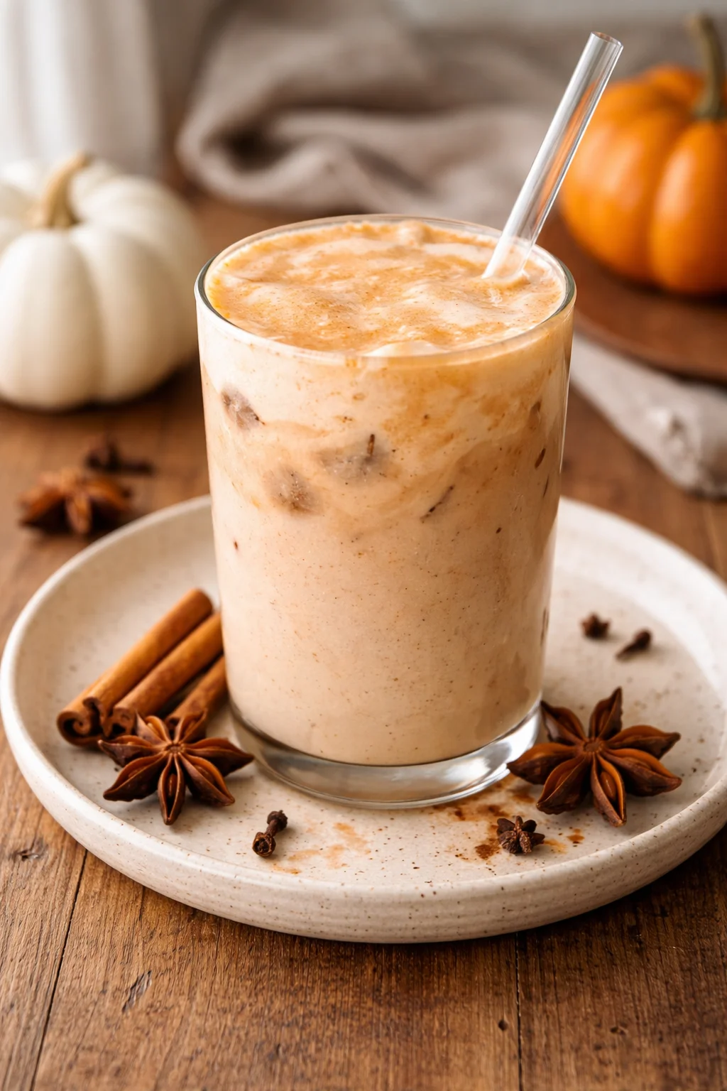 Delicious iced pumpkin cream chai tea latte topped with whipped cream and spices
