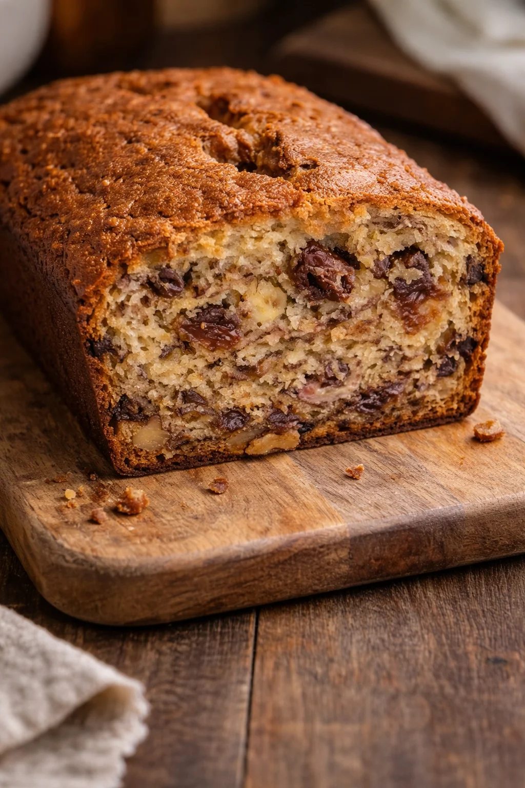 Incredibly moist and easy banana bread freshly baked with ripe bananas.