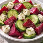 Colorful beet feta salad with cucumber and dill in a serving bowl