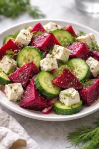 Colorful beet feta salad with cucumber and dill in a serving bowl