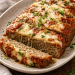 Delicious Italian Meatloaf garnished with herbs and marinara sauce