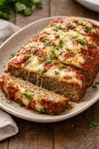Delicious Italian Meatloaf garnished with herbs and marinara sauce