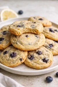 Freshly baked lemon blueberry cookies on a plate, garnished with blueberries.