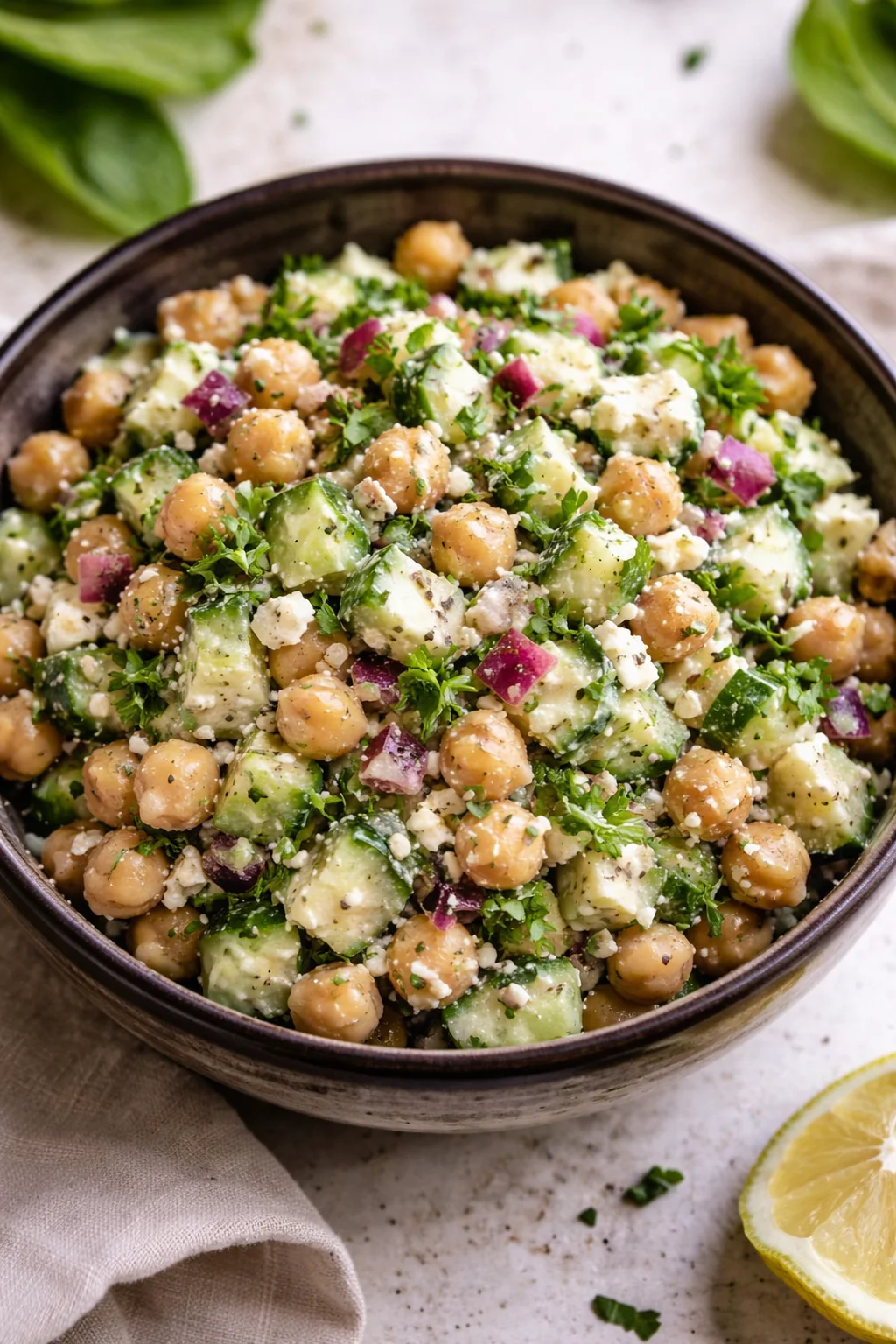 Delicious Lemon Greek Salad with fresh vegetables and zesty dressing.