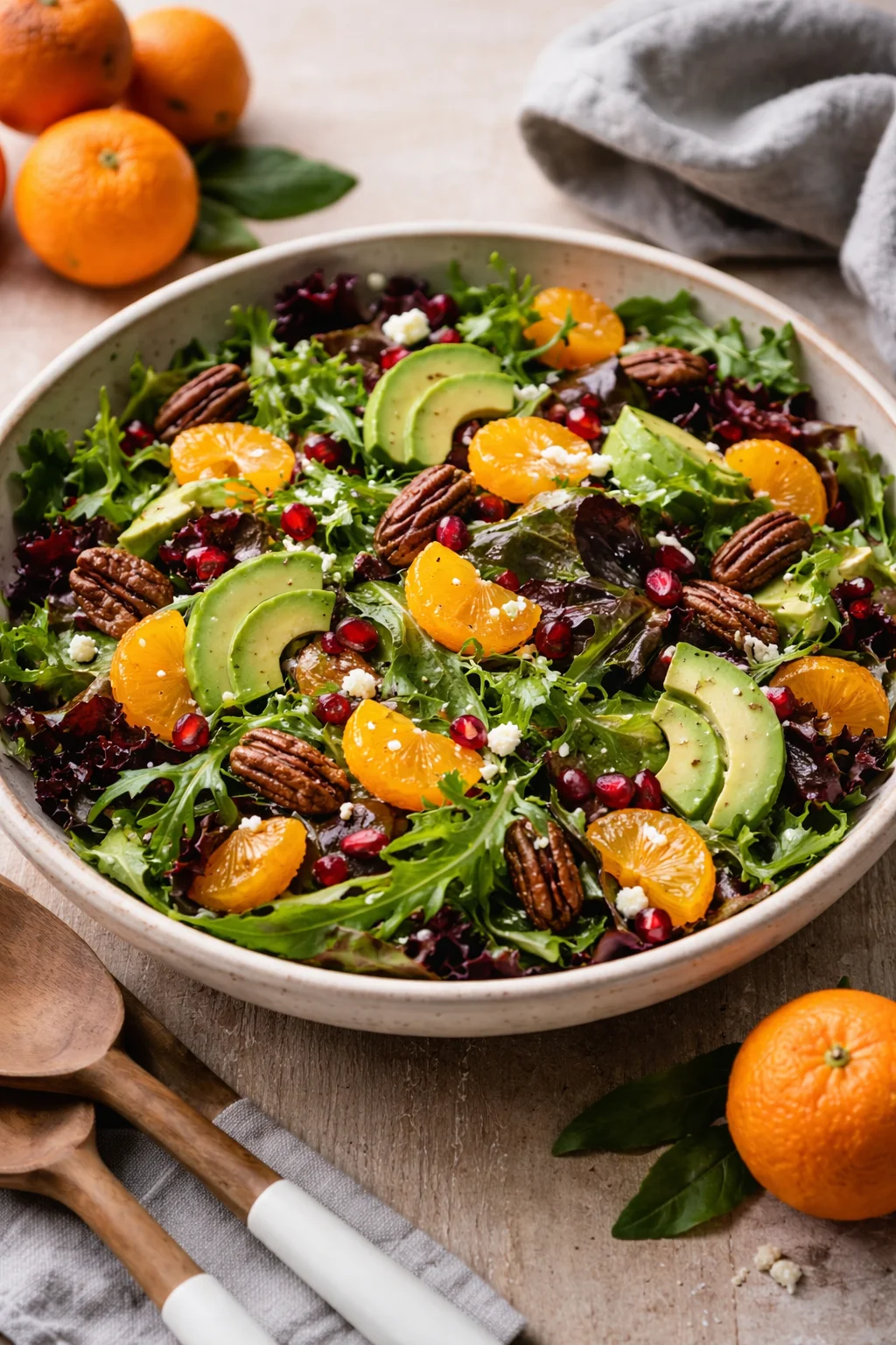Delicious and colorful Mandarin Orange Salad with fresh greens and dressing