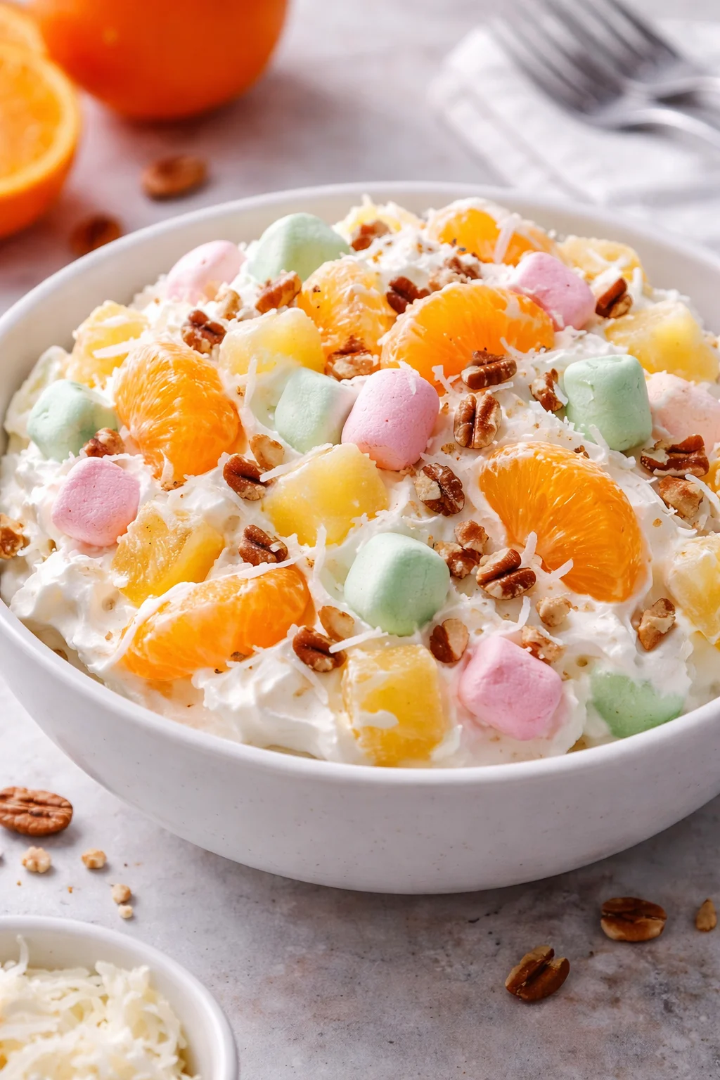 Colorful Marshmallow Ambrosia Fruit Salad with fresh fruits and fluffy marshmallows.