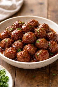 Meatballs with grape jelly and chili sauce served on a platter