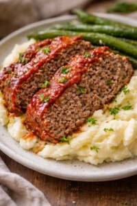 Delicious homemade meatloaf served with mashed potatoes and gravy
