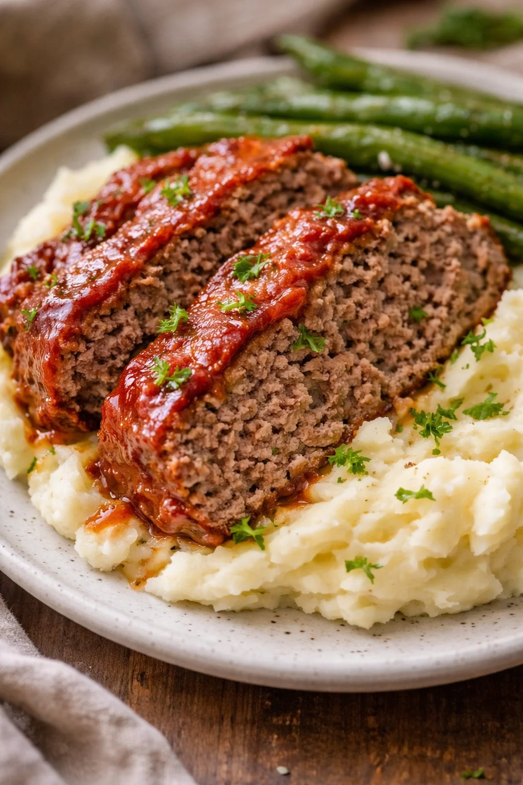 Delicious homemade meatloaf served with mashed potatoes and gravy