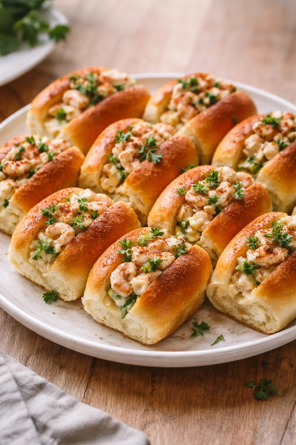 Mini shrimp rolls served on a platter with dipping sauce