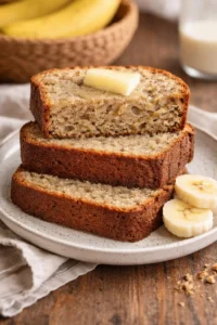 A slice of moist banana bread on a rustic wooden table